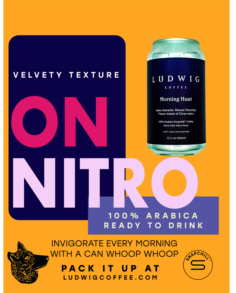 A Banner featuring A Can of Ludwig  SnapChill Coffee, with the heading "Invigorate Every morning with a Can of Whoop Whoop"